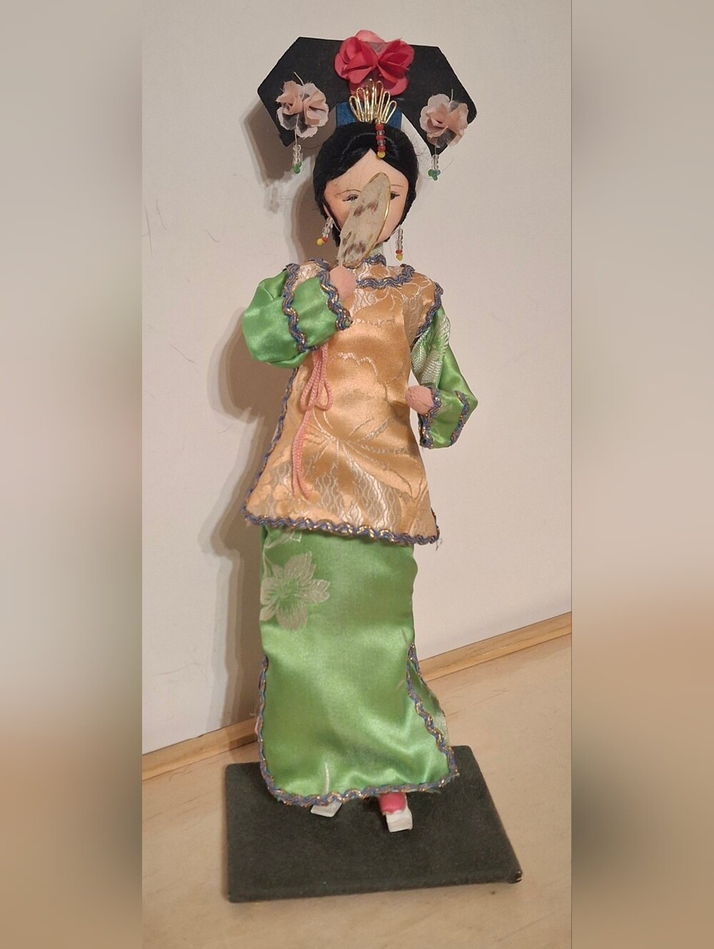 Vintage Chinese Silk Figurine Doll • Handmade Brocade Costume • Original Labels